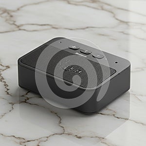A compact, rectangular black Bluetooth speaker with a metal grille on the top surface.