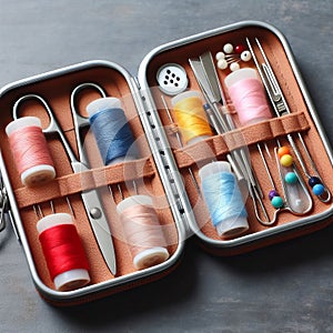 A compact sewing kit contains needle, thread, and scissors arr photo