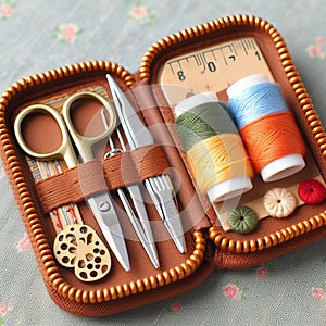 A compact sewing kit contains needle, thread, and scissors arrn photo