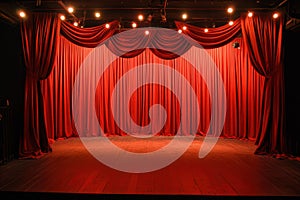 Compact stage featuring bright red drapes, Compact performance stage with bold red drapes