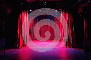 Compact stage featuring bright red drapes, Compact performance stage with bold red drapes