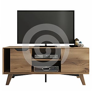A compact, stylish TV stand with multiple storage compartments and a sleek finish, isolated on photo