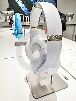 Compact and super powerful Beats headphones, on display in Apple Store.