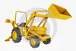 Compact tractor, front loader and backhoe, isolated on white background