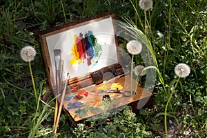Compact vintage painter's case on grass