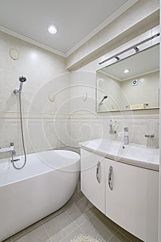 Compact white cozy bathroom with bathub