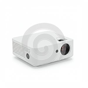 A compact, white projector with a rectangular shape and rounded edges. The front