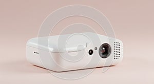 Compact white projector with a sleek, rectangular design and rounded edges placed