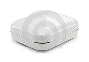 A small white rectangular electronic device with rounded edges isolated on white background