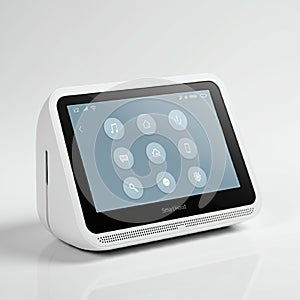 Compact white smart display with a touchscreen interface. The screen shows various