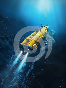 A compact, yellow exploration pod equipped with powerful thrusters and advanced sensors descends into the vibrant blue