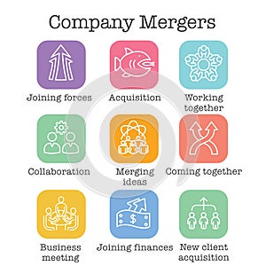Companies merging together, one buying out the other - icons