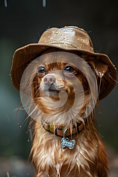 Companion dog with hat and collar, brown fur, wagging tail, and happy smile