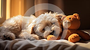 companion dog sleeping with stuffed animal