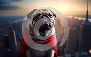 Companion of Steel Pug Dog on the Edge of a Skyscraper. Generative AI