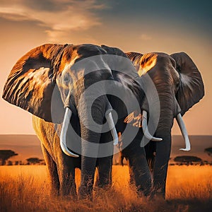 Companionship at Dusk: Two African Elephants in a Sunset Silhouette