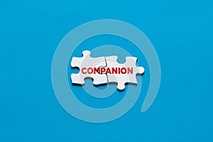 Companionship or relationship. Two connected puzzle pieces with the word companion