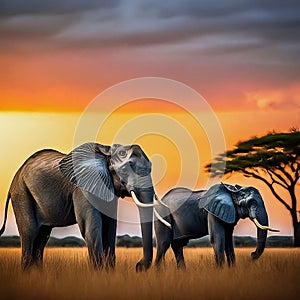 Companionship at Sunset: Two African Elephants Standing Side-by-Side