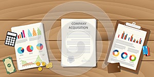 Company acquisition concept illustration with paperwork document on table