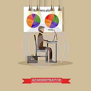 Company administrator work with computer in office. Business plan and market share pie chart. Vector poster