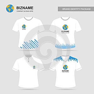 Company advertisement T- shirts desgin vector with world map log