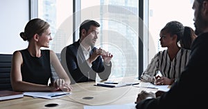 Company boss hold formal meeting with partners, investors or clients