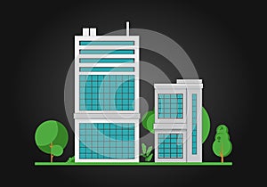 Company Building and Warehouse Building, Vector Illustration on Black Background with Trees and Bushes, Plane Birds and Clouds