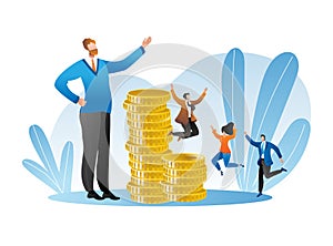 Company business team together jumping, joyful success businessman and businesswoman, gold stack coin flat vector