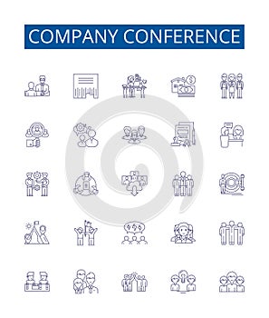 Company conference line icons signs set. Design collection of Convention, Event, Forum, Meeting, Gathering, Seminar