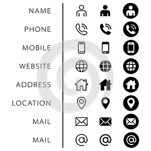 Company Connection business card icon set. Phone, name, website, address, location and mail logo symbol sign pack.