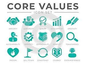 Company Core Values Icon Set. Integrity, Leadership, Quality and Development, Creativity, Accountability, Simplicity,