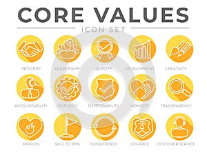Company Core Values Round Flat Icon Set. Integrity, Leadership, Quality and Development, Creativity, Accountability, Simplicity,
