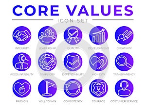 Company Core Values Round Outline Web Icon Set. Integrity, Leadership, Quality and Development, Creativity, Accountability,