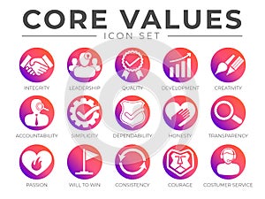 Company Core Values Round Web Icon Set. Integrity, Leadership, Quality and Development, Creativity, Accountability, Simplicity,