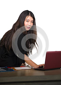 Company corporate isolated portrait of young beautiful and successful Asian Chinese businesswoman posing confident smiling cheerfu