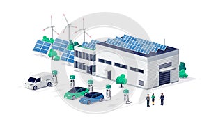 Company electric cars fleet charging on charger stations at logistic centre