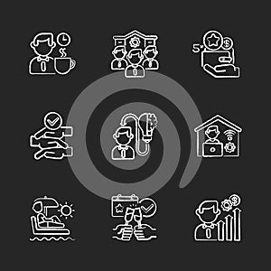 Company employment benefits chalk white icons set on black background