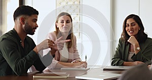 Company executives listening team leader express opinion at meeting