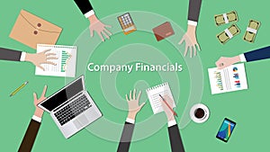 Company financials illustration vector with notebook, paperworks and money on top of table