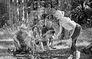 Company friends having hike picnic nature background. Summer picnic. Hikers relaxing during snack time. Tourists hikers