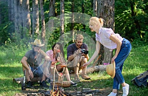 Company friends having hike picnic nature background. Summer picnic. Hikers relaxing during snack time. Tourists hikers