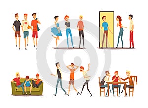 Company of Friends Spending Time Together Walking and Sitting on Sofa and Table Vector Set