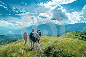 Company of friends travelers walking on the mountain hill with grass field