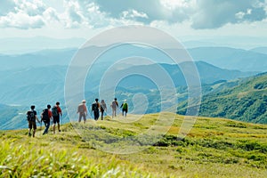 Company of friends travelers walking on the mountain hill with grass field