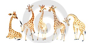 A company of funny and cute giraffes for your amazing projects. Watercolor Clipart Set isolated on white