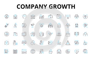 Company growth linear icons set. Expansion, Development, Progression, Improvement, Advancement, Evolution, Upsurge