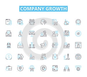 Company growth linear icons set. Expansion, Development, Progression, Improvement, Advancement, Evolution, Upsurge line