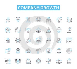 Company growth linear icons set. Expansion, Development, Progression, Improvement, Advancement, Evolution, Upsurge line
