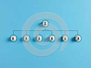 Company hierarchical organizational chart of wooden cubes on blue background