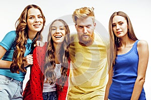 Company of hipster guys, bearded red hair boy and girls students having fun together friends, diverse fashion style